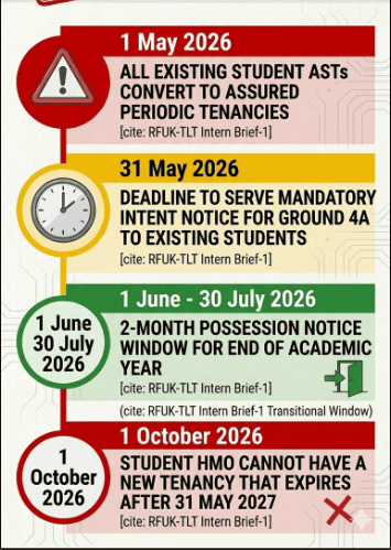Vertical timeline of key deadlines for student HMO landlords from May to October 2026