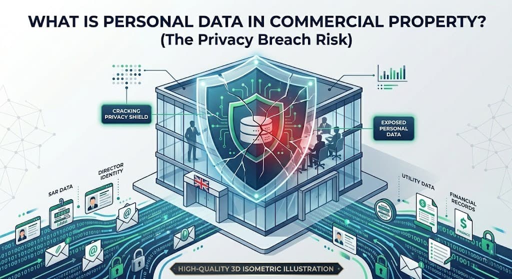 RentalFormsUK The B2B Myth: Why "Corporate Tenants" Don't Shield You from UK GDPR for Commercial Landlords 3D isometric illustration of a UK commercial building with a cracking privacy shield exposing director identity and financial records data.