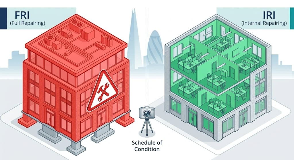 Visual comparison of FRI vs IRI repair obligations in a short term office lease agreement UK.