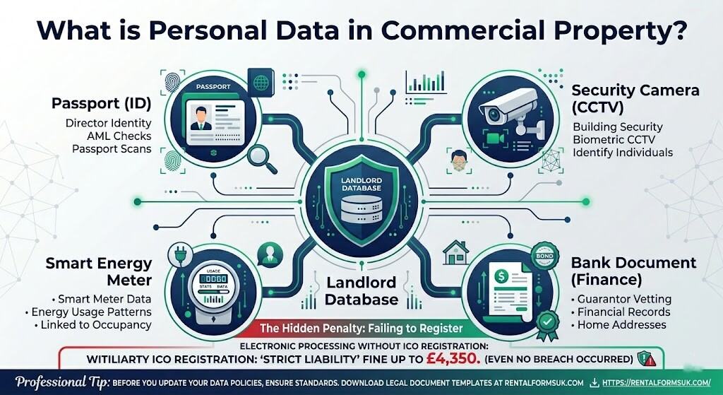 RentalFormsUK The B2B Myth: Why "Corporate Tenants" Don't Shield You from UK GDPR for Commercial Landlords Infographic mapping personal data in commercial property including CCTV, smart meters, and director ID to avoid the £4,350 ICO fine.