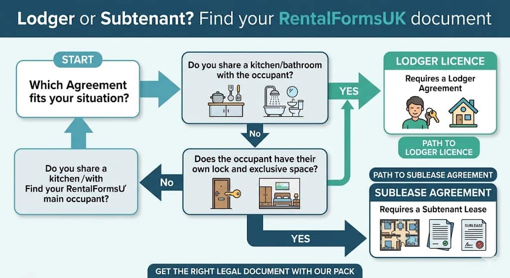 Infographic flowchart showing the legal difference between a lodger sharing living space and a subtenant with exclusive possession under UK law.