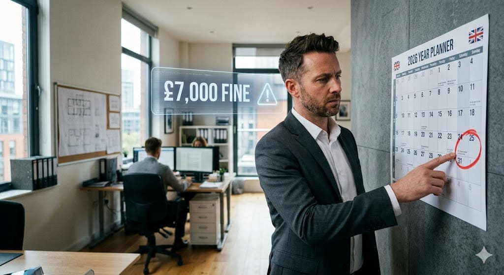 A UK landlord looking at a wall calendar with May 31, 2026, circled, showing the £7,000 fine warning for the Tenancy Renewal Renters Rights Act 2026.