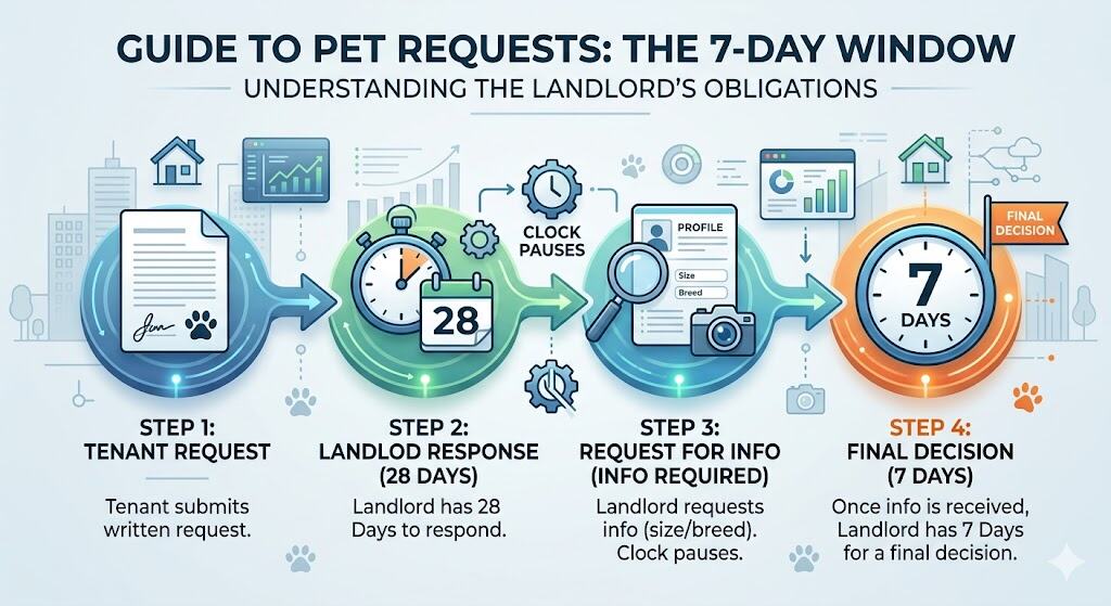 Flowchart showing the 28-day response window and the 7-day final decision deadline for pet requests.