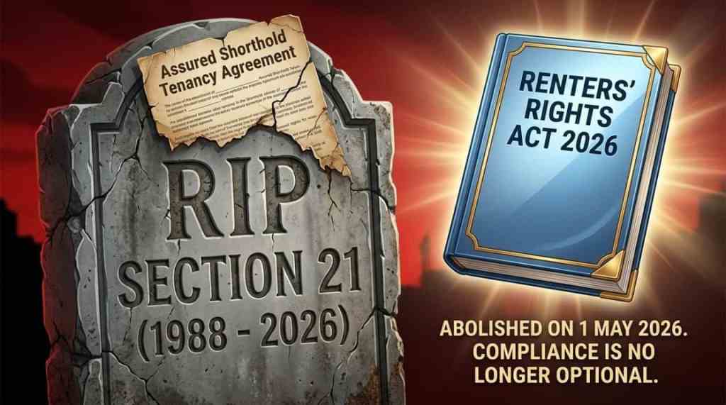 RIP Section 21 tombstone showing 1988 to 2026 abolition for UK landlords