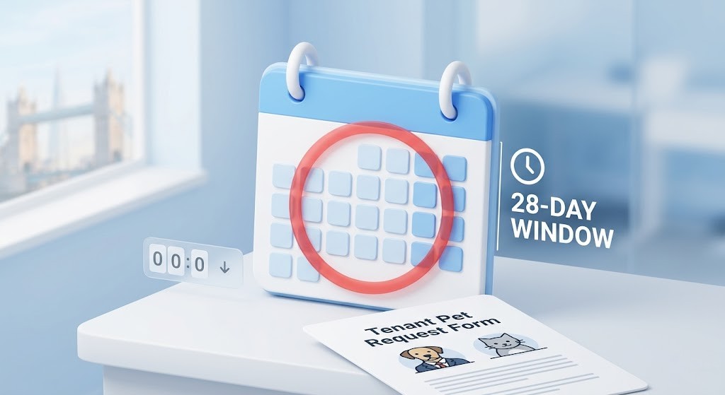 RentalFormsUK Renters’ Rights Act 2026 Landlord Compliance Checklist: Navigating the Technical “Traps” Calendar highlighting the 28-day response window for landlord pet requests under the Renters' Rights Act