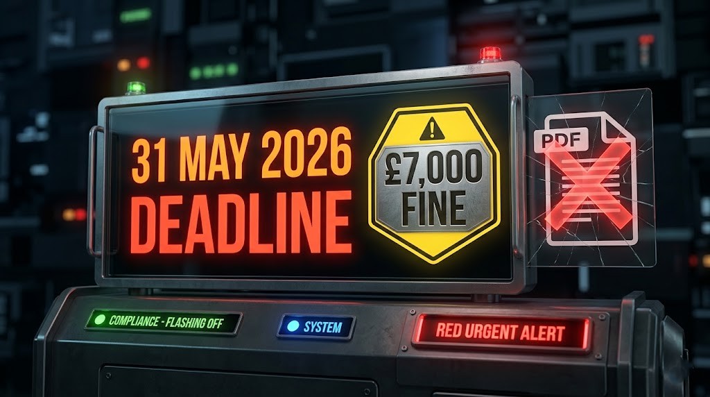 RentalFormsUK Renters’ Rights Act 2026 Landlord Compliance Checklist: Navigating the Technical “Traps” A digital display showing a deadline of 31 May 2026, warning of a £7,000 fine, with a red urgent alert and a broken PDF document symbol.