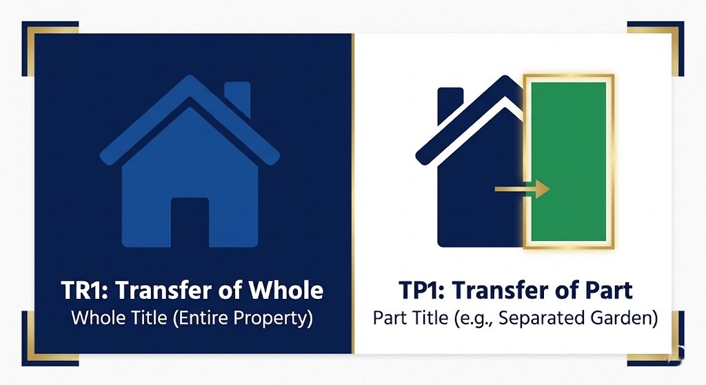 RentalFormsUK Renters’ Rights Act 2026 Landlord Compliance Checklist: Navigating the Technical “Traps” Comparison diagram between Land Registry Form TR1 (Transfer of Whole) and Form TP1 (Transfer of Part)