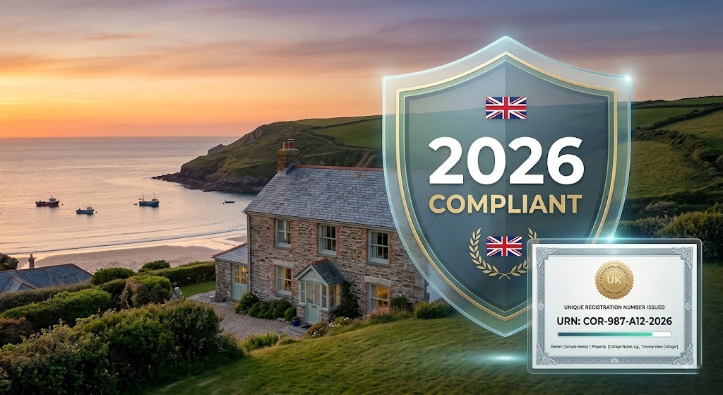 A high-quality Cornish holiday cottage at sunset with a digital '2026 Compliant' shield representing UK holiday let compliance 2026.