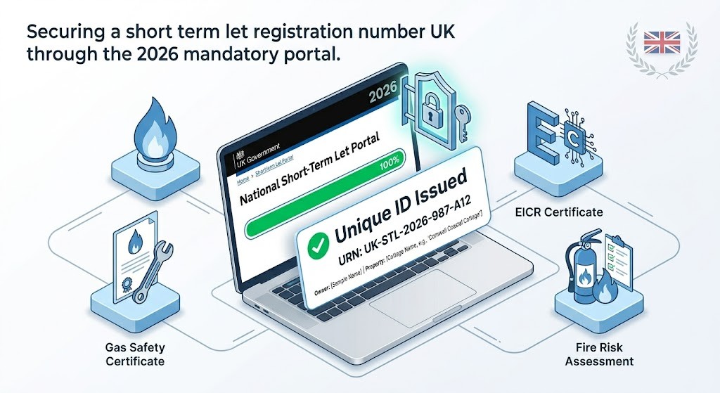 3D graphic showing a laptop with the UK Government National Short-Term Let Portal for obtaining a registration number.